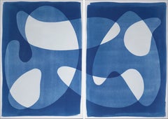 Positive Versus Negative, Mid-Century Shapes Blue Tones Cyanotype Print Diptych