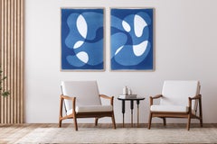 River Flow, Abstract Organic Formes in Blue and White, Large Diptych Monotype