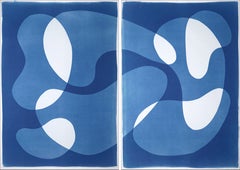 River Flow, Abstract Organic Formes in Blue and White, Large Diptych Monotype