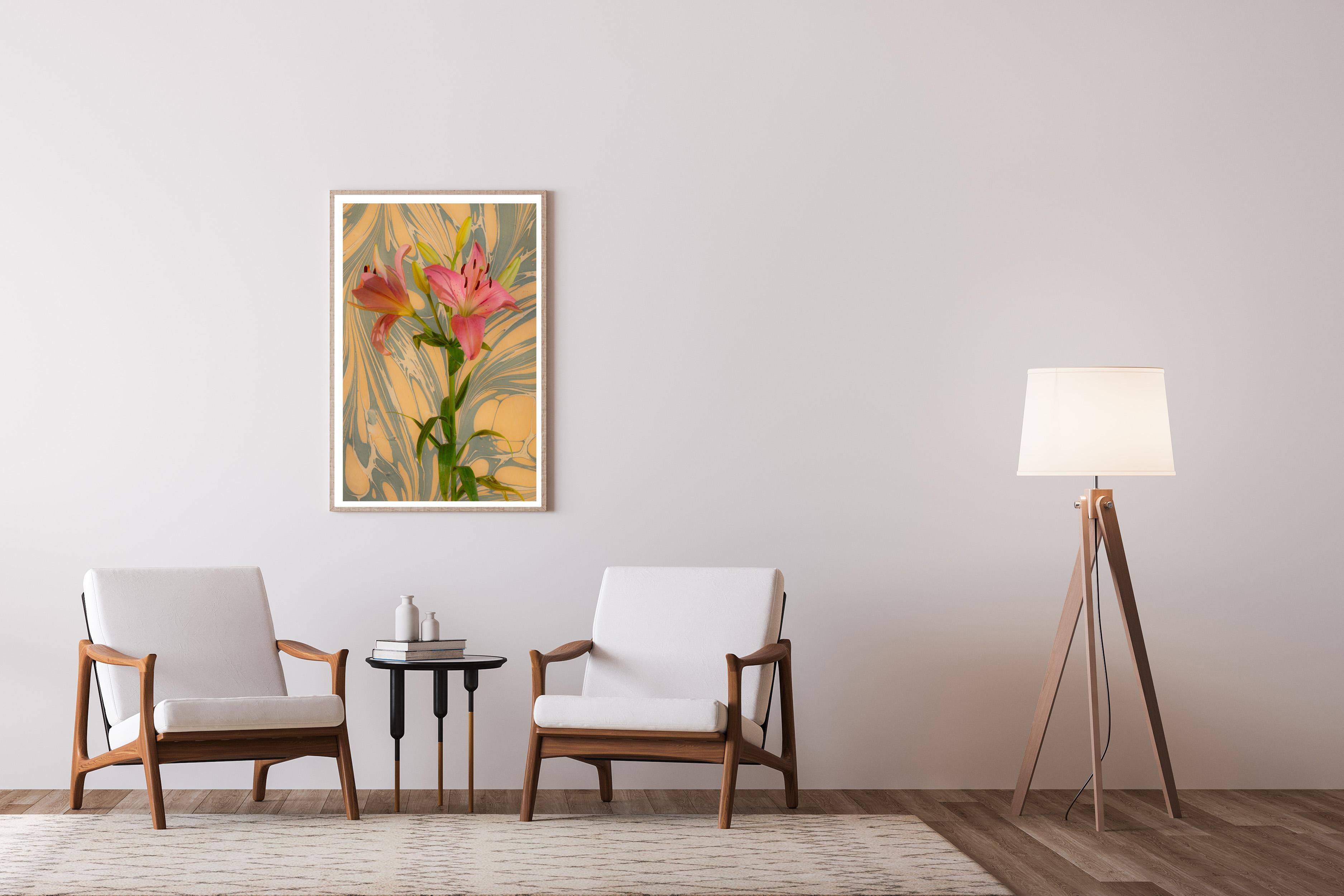 Seventies Psychedelic Flowers, Pink Lilys Bouquet, Modern Still Life, Giclée  - Brown Still-Life Print by Kind of Cyan