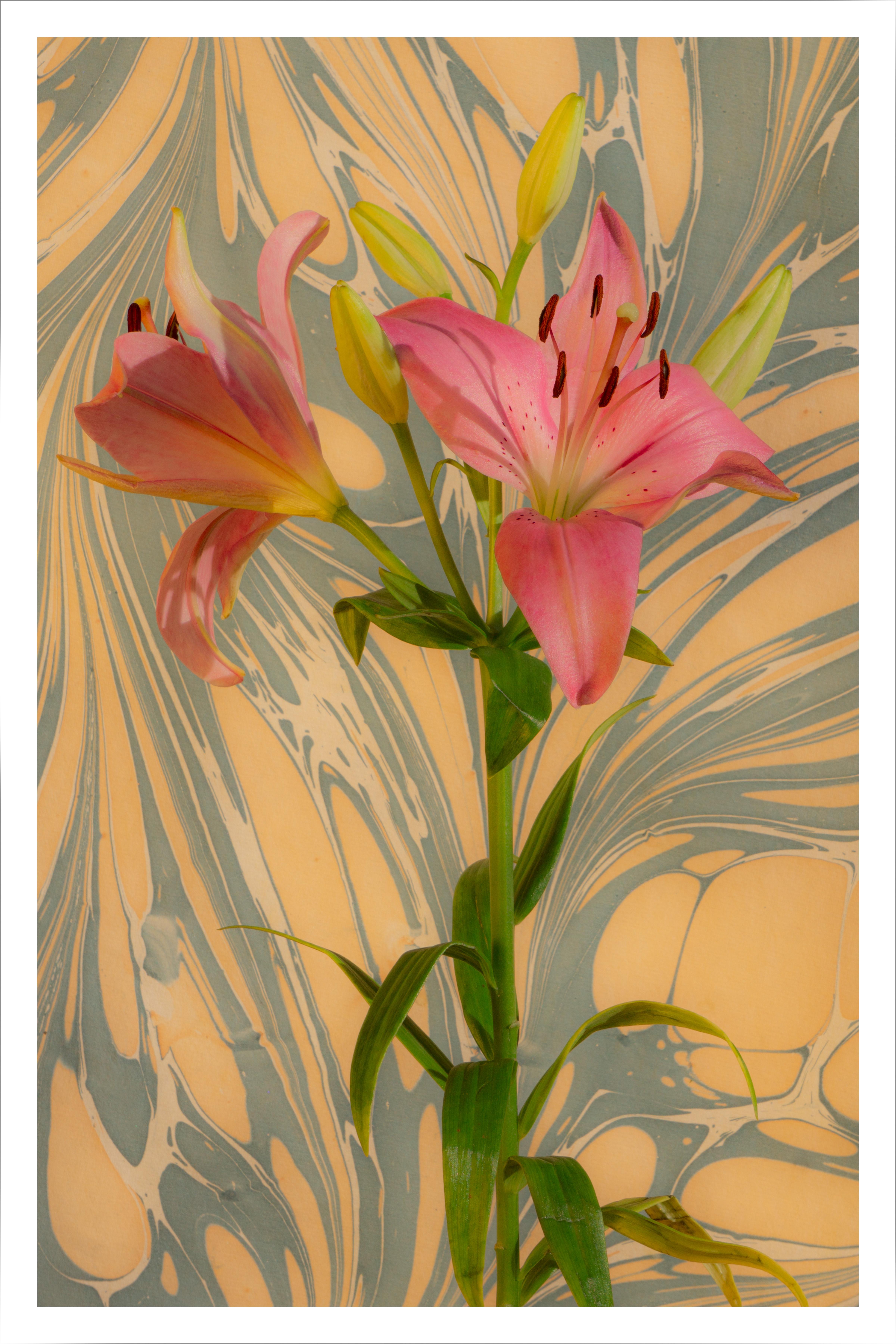 Kind of Cyan Still-Life Print - Seventies Psychedelic Flowers, Pink Lilys Bouquet, Modern Still Life, Giclée 