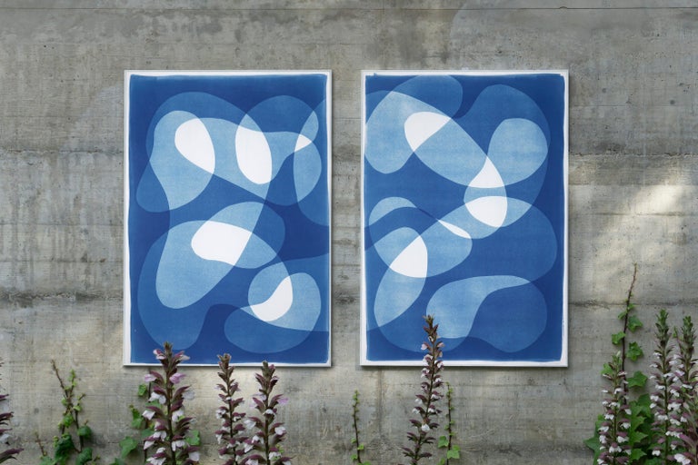 Sunken Stones, Unique Monotype Cyanotype, Abstract Blue Tones Figurative Shapes - Print by Kind of Cyan
