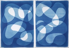 Sunken Stones, Unique Monotype Cyanotype, Abstract Blue Tones Figurative Shapes
