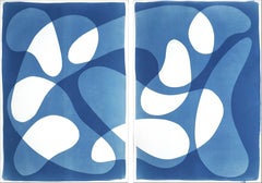 The Dancers, Unique Monotype Cyanotype, Abstract Blue Figurative Shapes, Modern