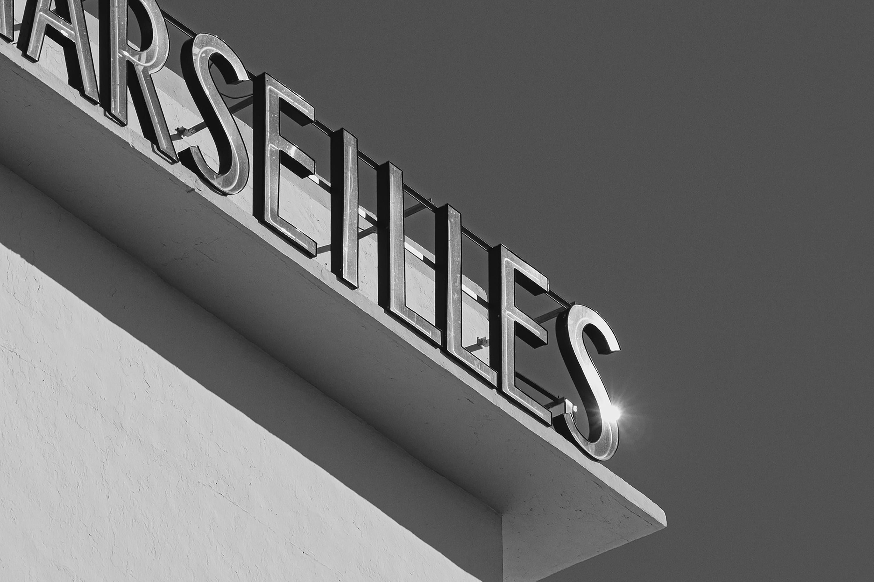 The Marseilles, Miami Art Deco Hotel, Tropical. Architecture, French Typo, B&W - Black Black and White Photograph by Kind of Cyan