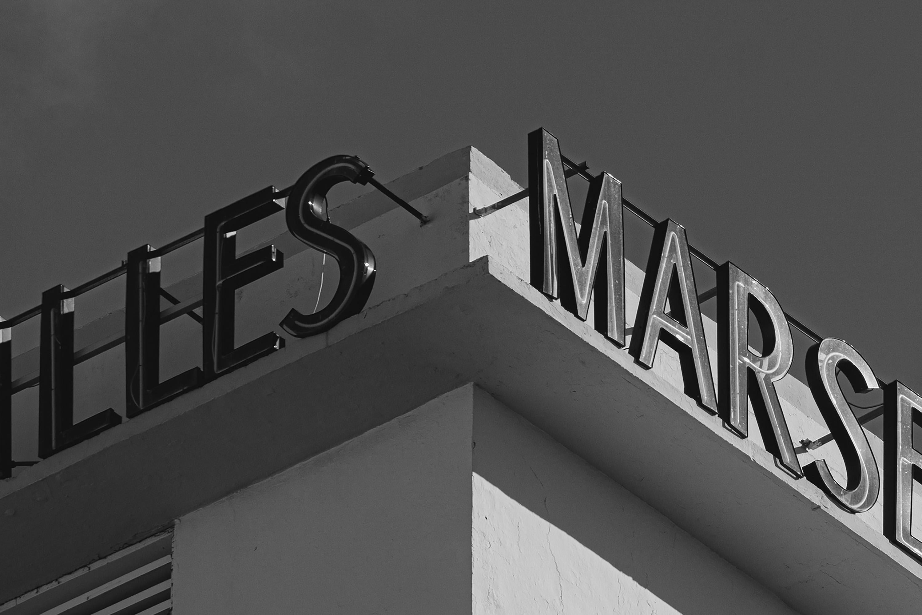 The Marseilles, Miami Art Deco Hotel, Tropical. Architecture, French Typo, B&W 1