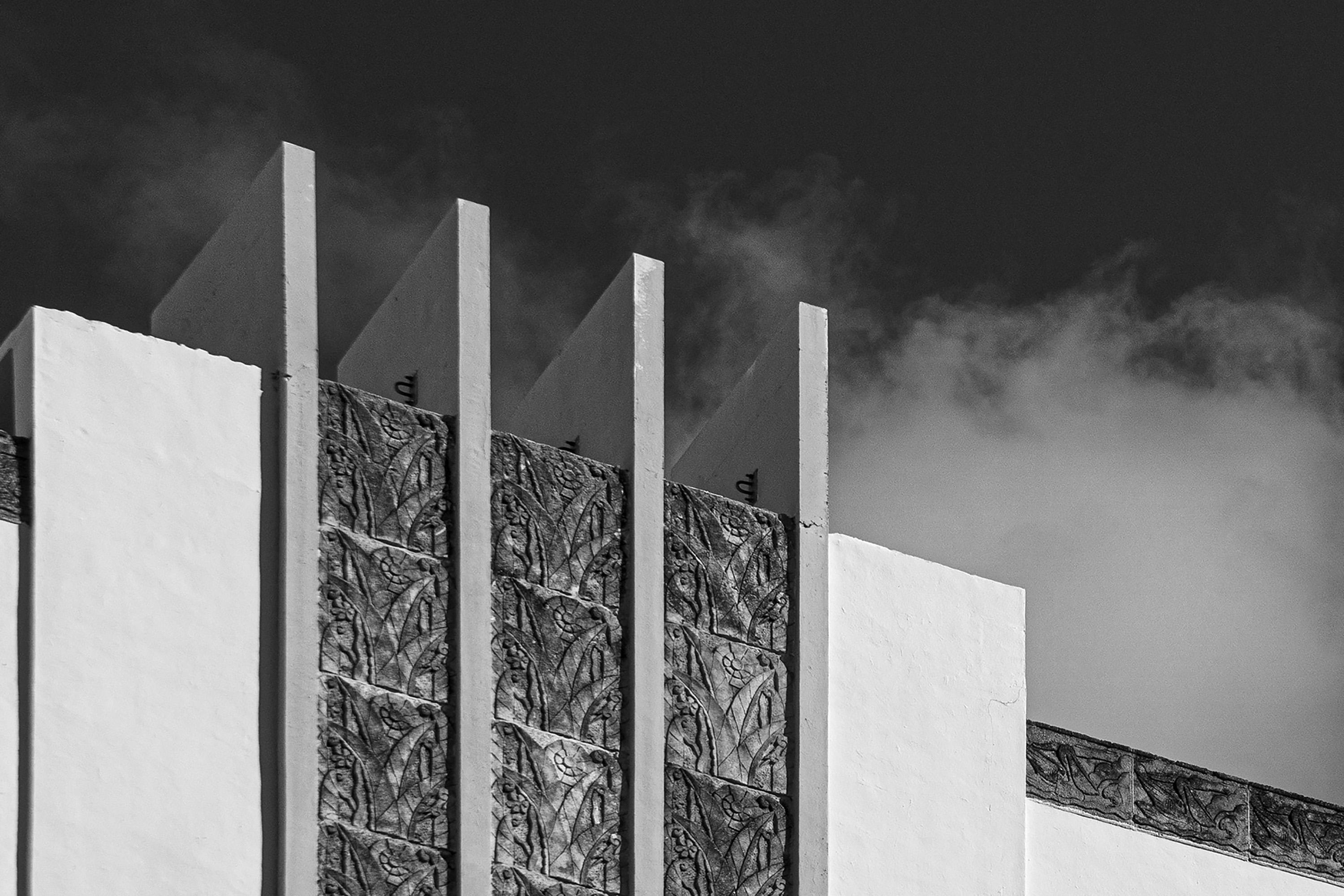 Thirties Building with Sky, Black and White Architecture, Miami Beach Art Deco  - Art Nouveau Photograph by Kind of Cyan