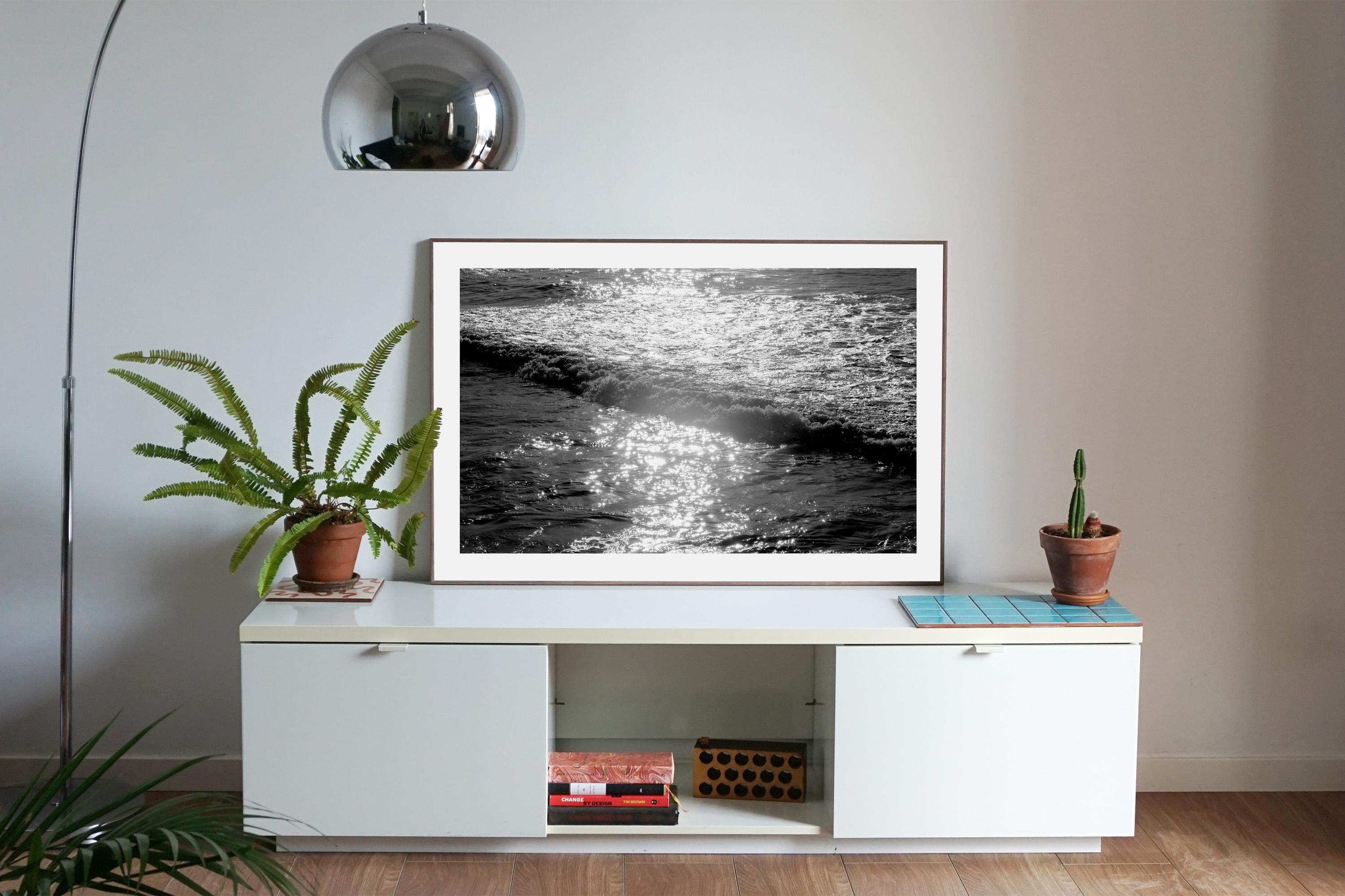 Water Reflection, Seascape Black and White Giclée Print, Pacific Sunset Waves - Gray Landscape Photograph by Kind of Cyan