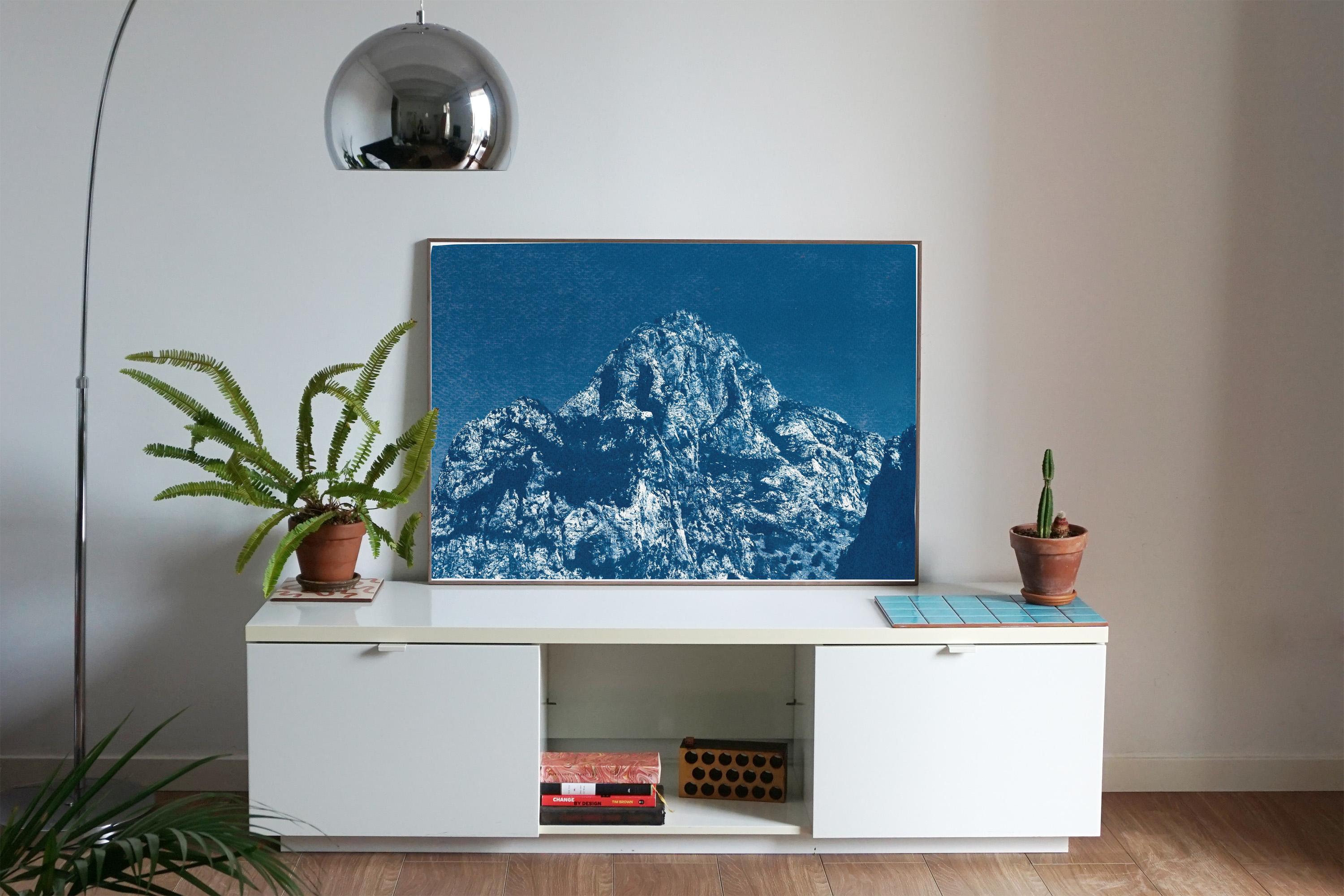 Yosemite Blue Mountain, Cyanotype on Watercolor Paper, Landscape in Indigo - Photorealist Print by Kind of Cyan