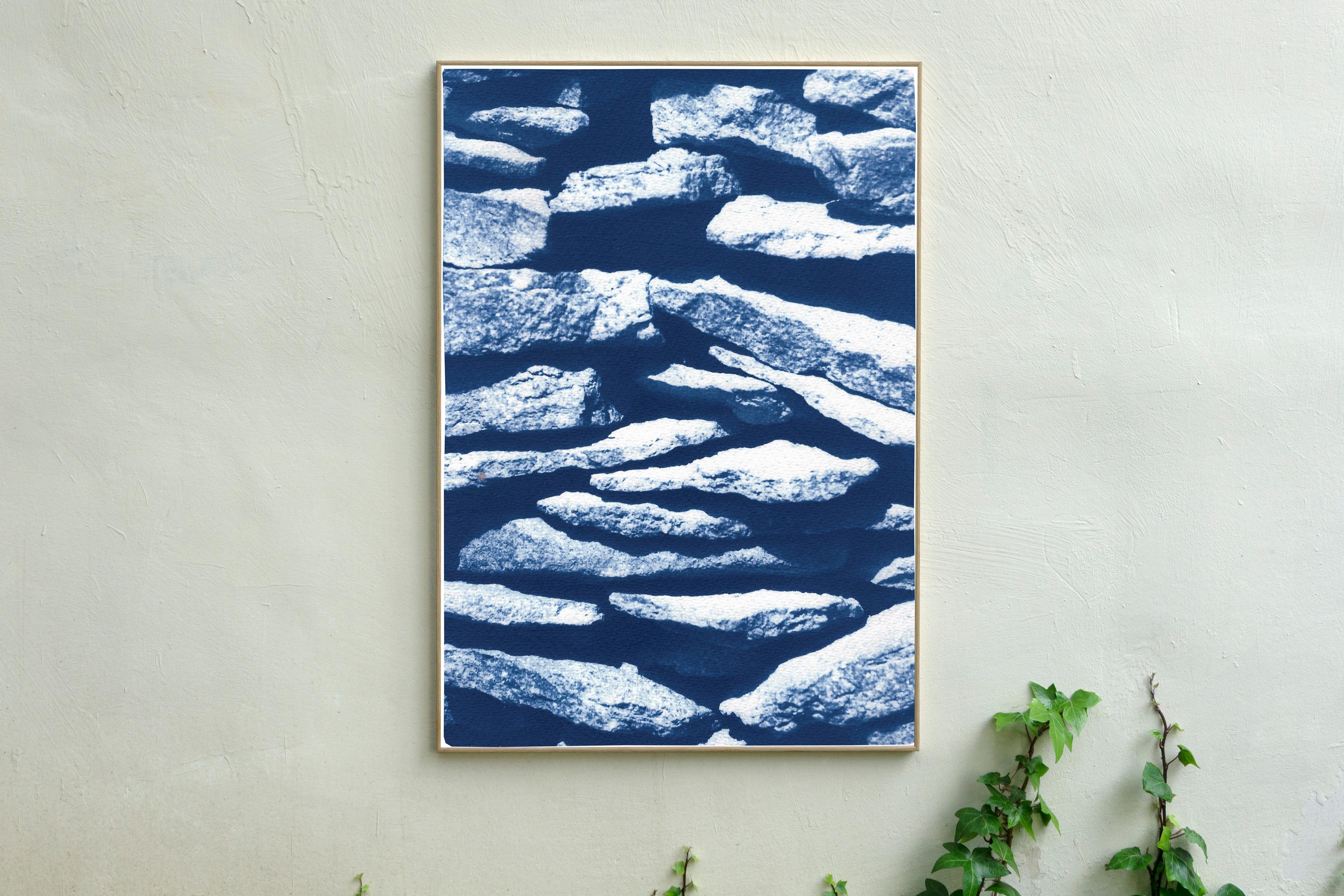 2021, Limited Edition Cyanotype of Flat Stone Stack, Garden Scene Textures, Blue - Print by Kind of Cyan