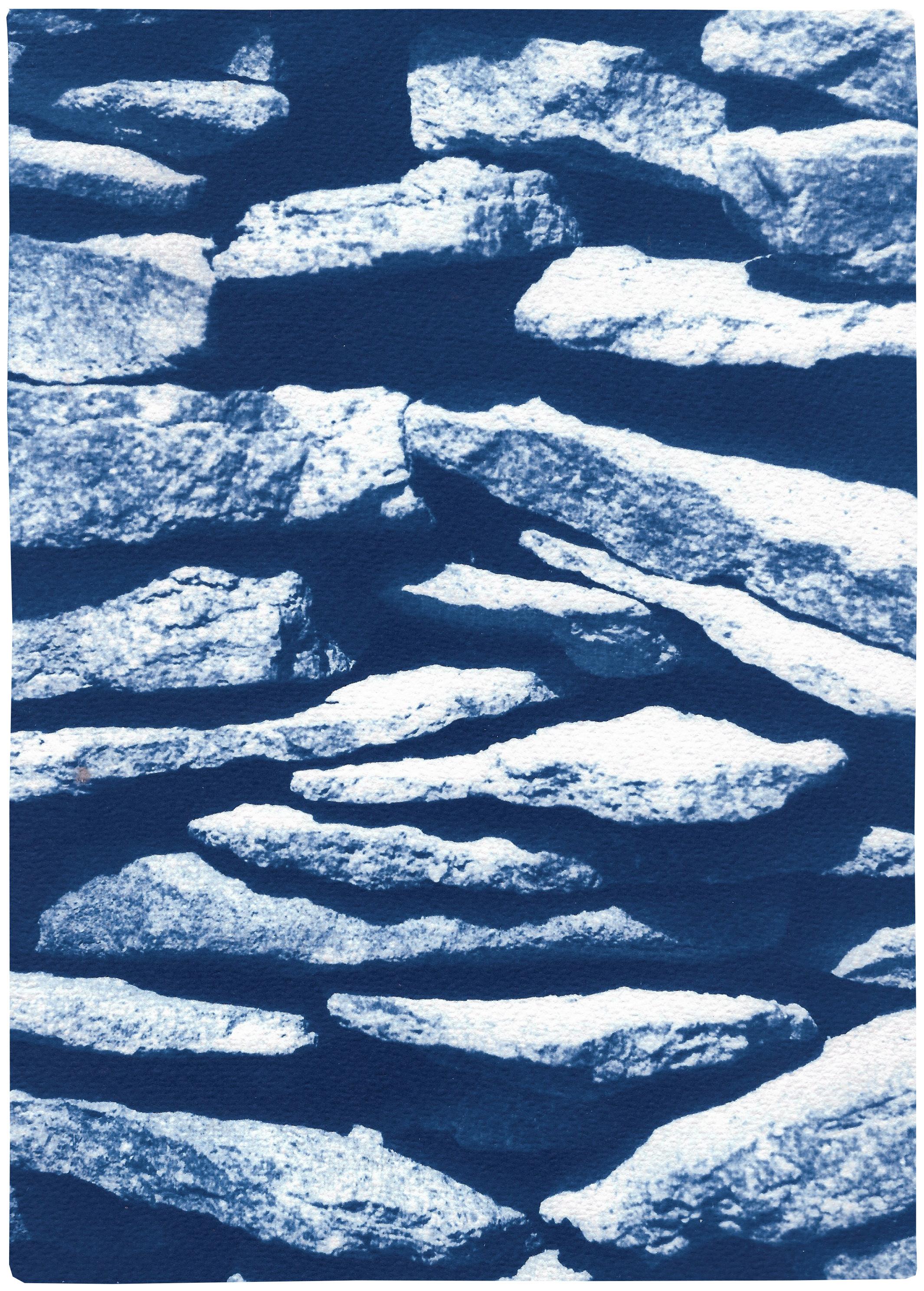2021, Limited Edition Cyanotype of Flat Stone Stack, Garden Scene Textures, Blue
