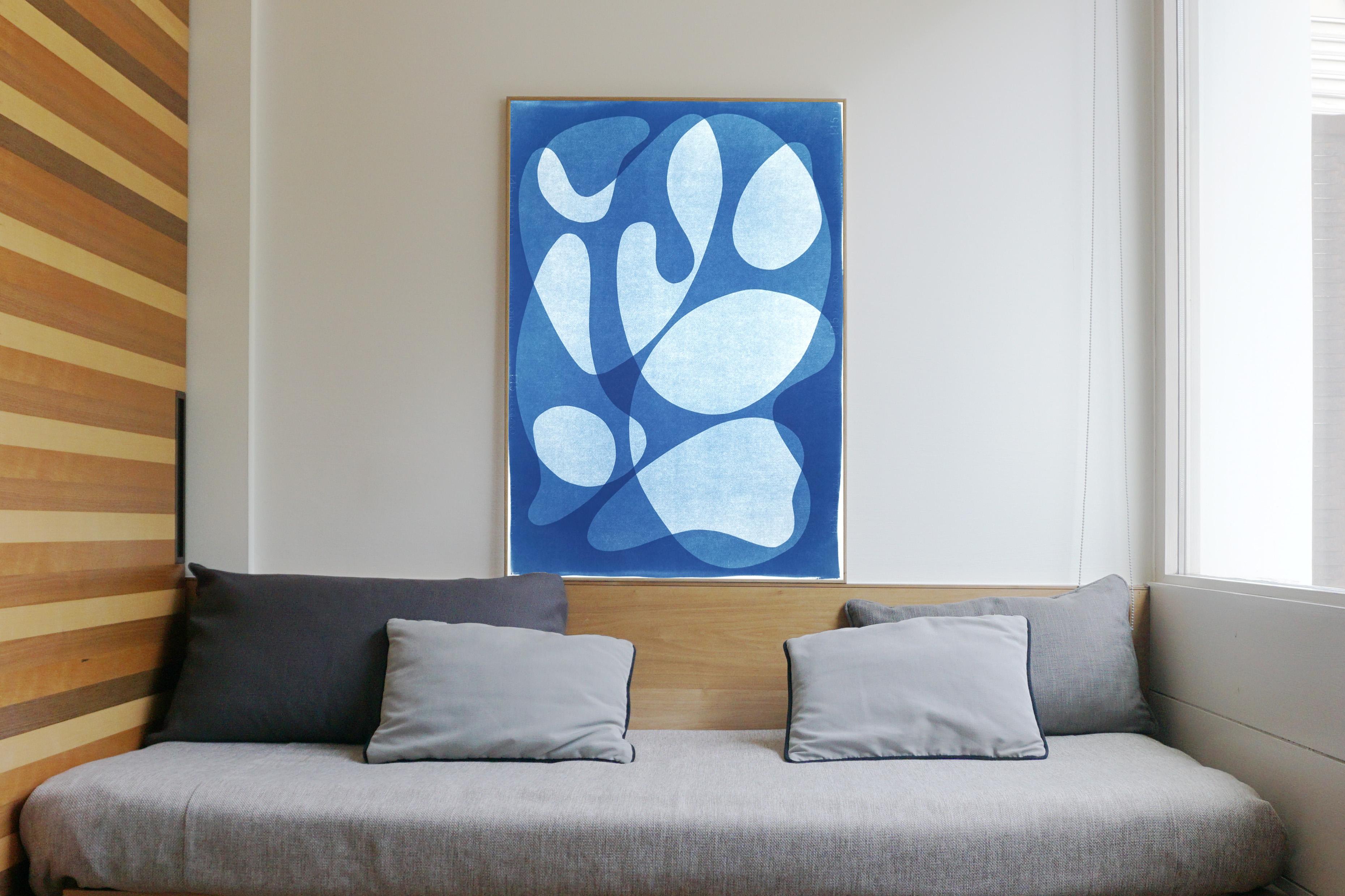 This is an exclusive handprinted unique cyanotype that takes its inspiration from the mid-century modern shapes.
It's made by layering paper cutouts and different exposures using uv-light. 

Details:
+ Title: Abstract Blue Face 
+ Year: 2021
+