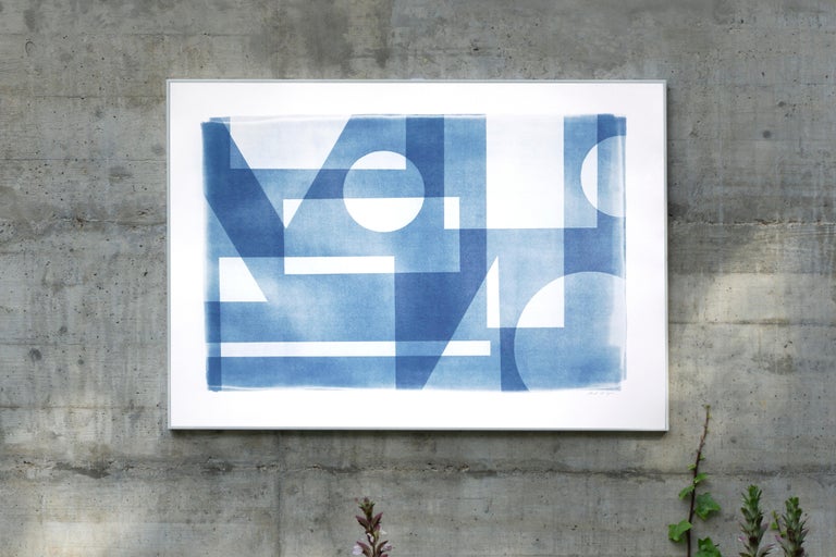 Abstract Geometric Cyanotype in Blue, Horizontal Architecture, Primary Shapes - Print by Kind of Cyan