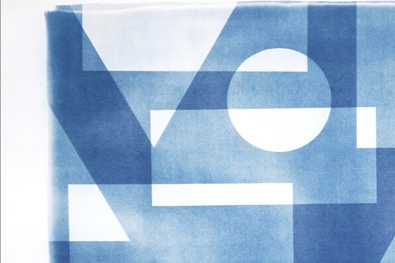 Abstract Geometric Cyanotype in Blue, Horizontal Architecture, Primary Shapes For Sale 1