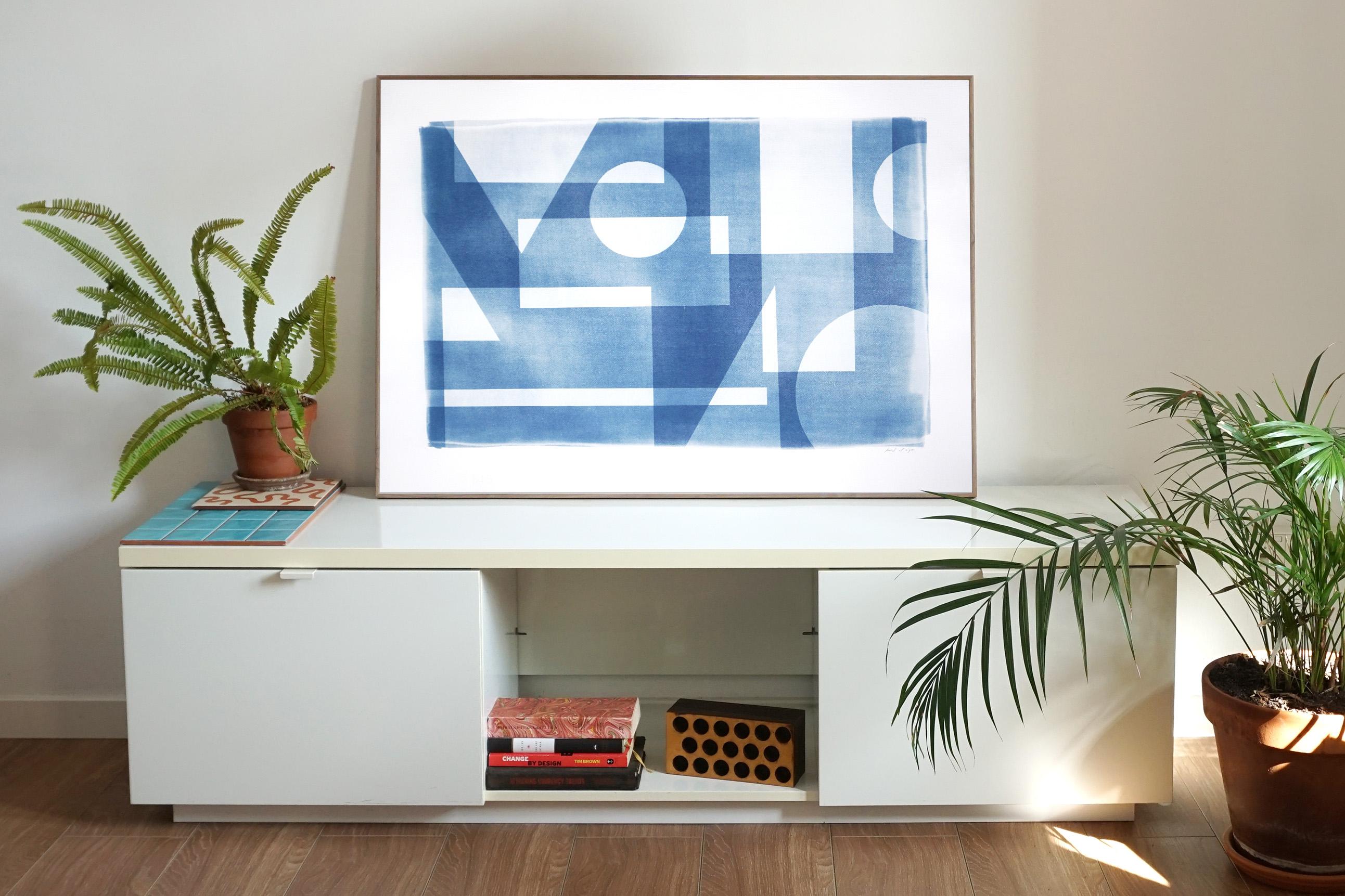 Abstract Geometric Cyanotype in Blue, Horizontal Architecture, Primary Shapes 1