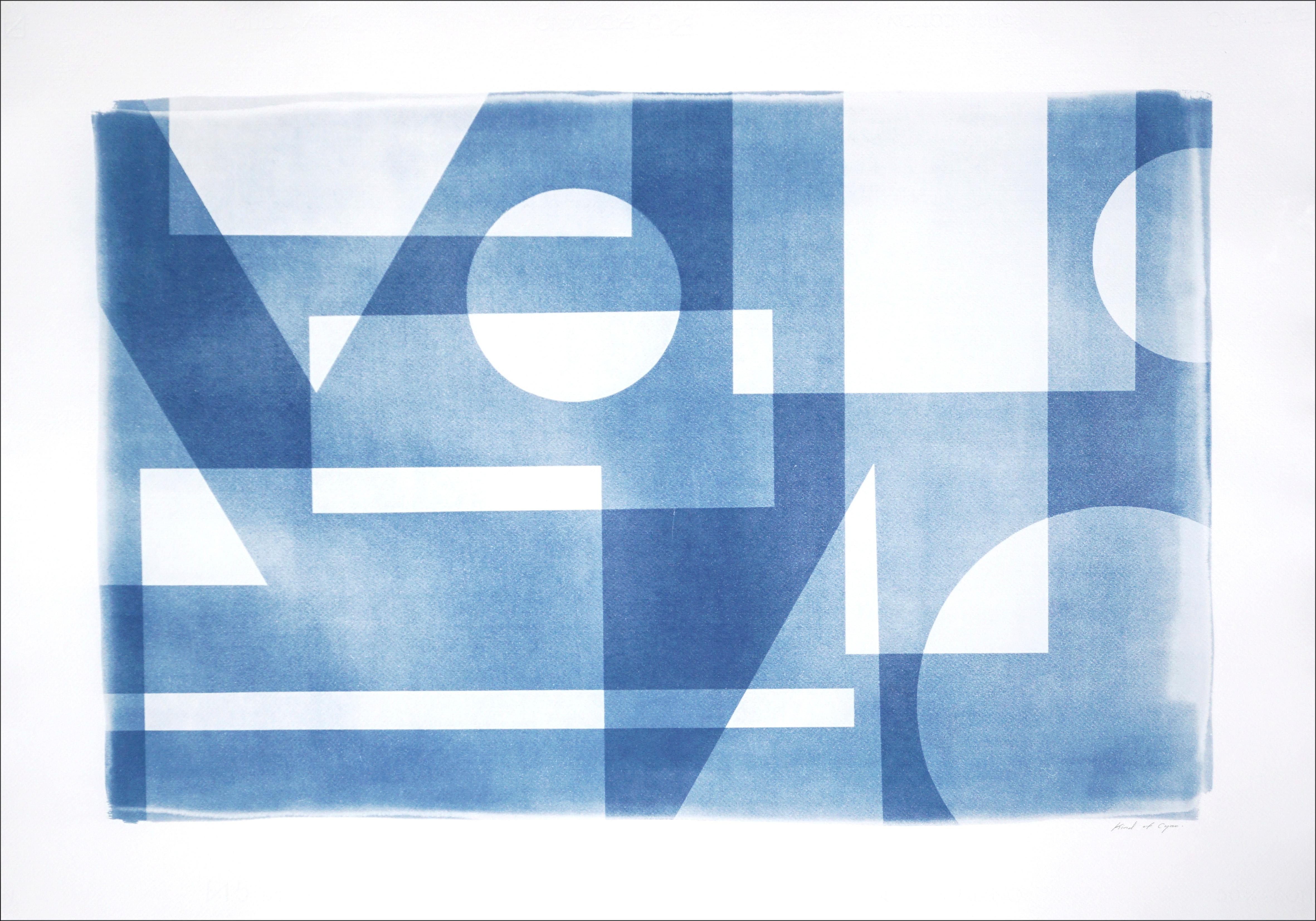 Abstract Geometric Cyanotype in Blue, Horizontal Architecture, Primary Shapes