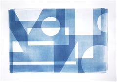 Abstract Geometric Cyanotype in Blue, Horizontal Architecture, Primary Shapes