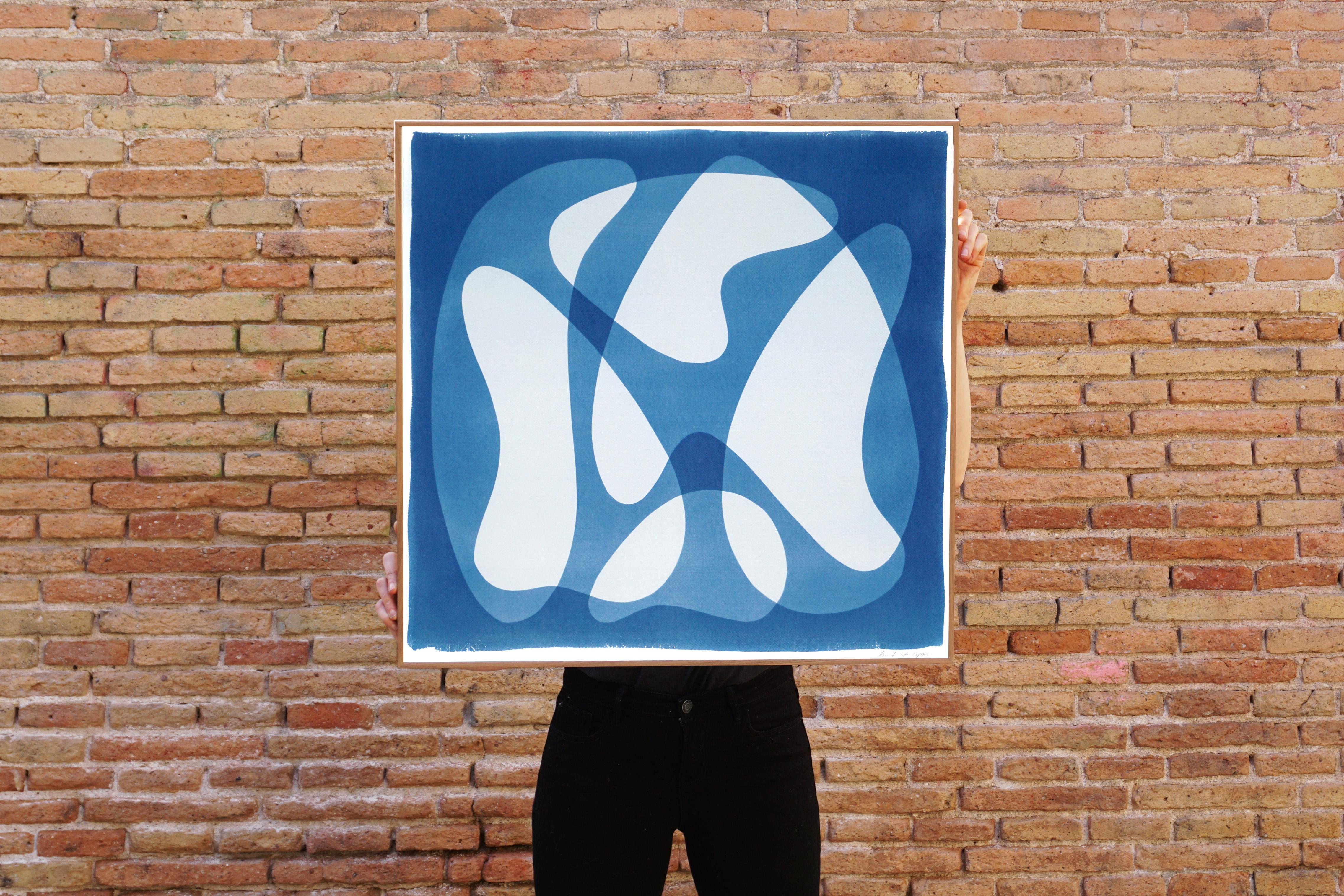 This is an exclusive handprinted unique cyanotype that takes its inspiration from the mid-century modern shapes.
It's made by layering paper cutouts and different exposures using uv-light. 

Details:
+ Title: Abstract Icons II
+ Year: 2022
+ Stamped