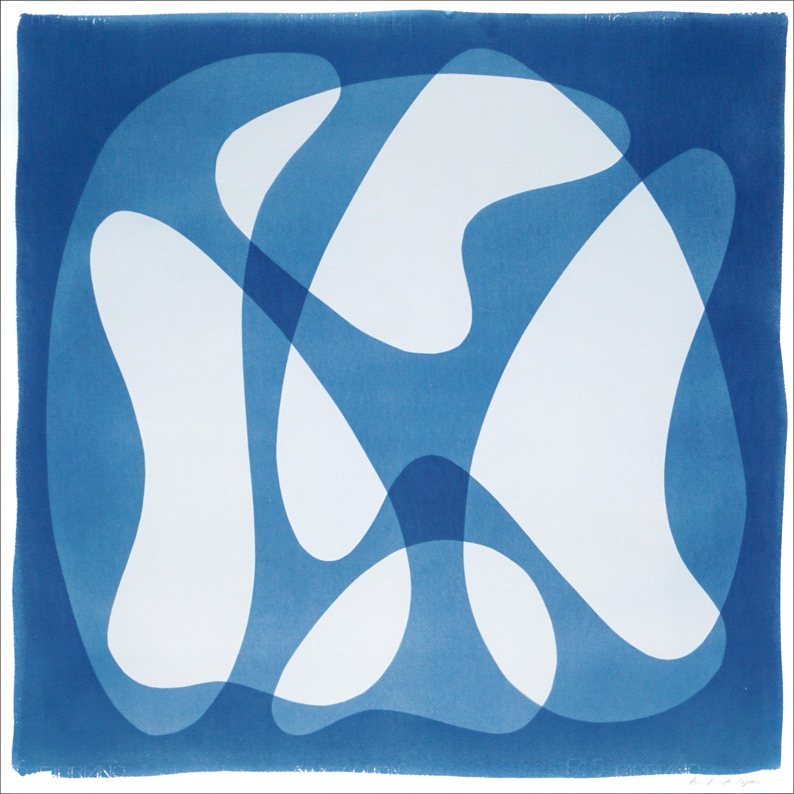 Abstrakte Ikonen, quadratische Monotypie der Cyanotypie, Aquarellpapier, Blau, Mitte des Jahrhunderts  