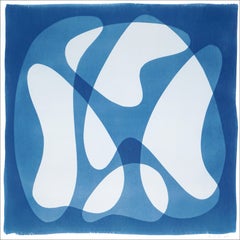 Abstract Icons, Squared Monotype Cyanotype, Watercolor Paper, Blue Mid-Century  