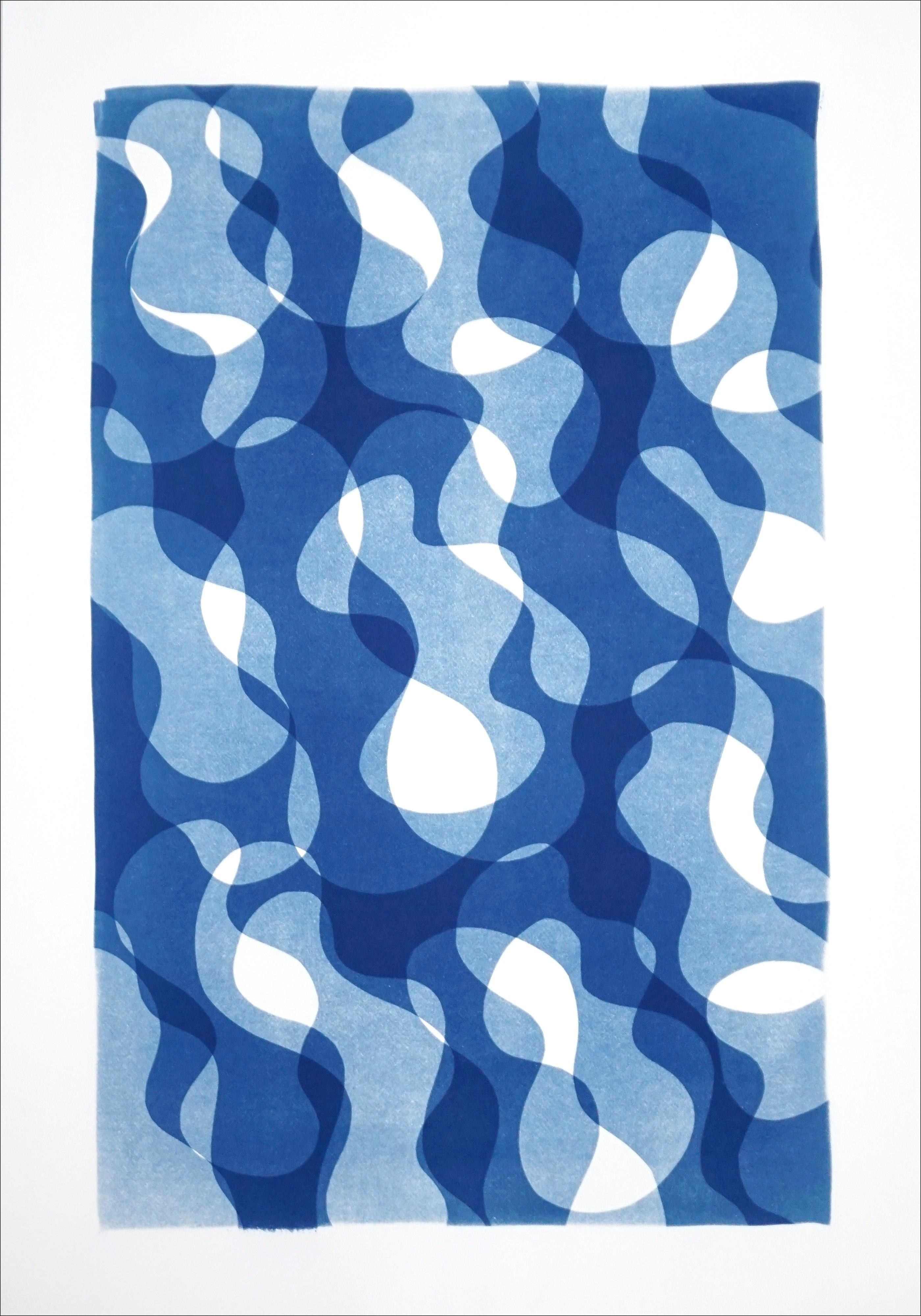 Kind of Cyan Abstract Photograph - Abstract Print of Geometric Water Movement in Blue Tones, Memphis Shapes Style