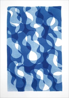 Abstract Print of Geometric Water Movement in Blue Tones, Memphis Shapes Style