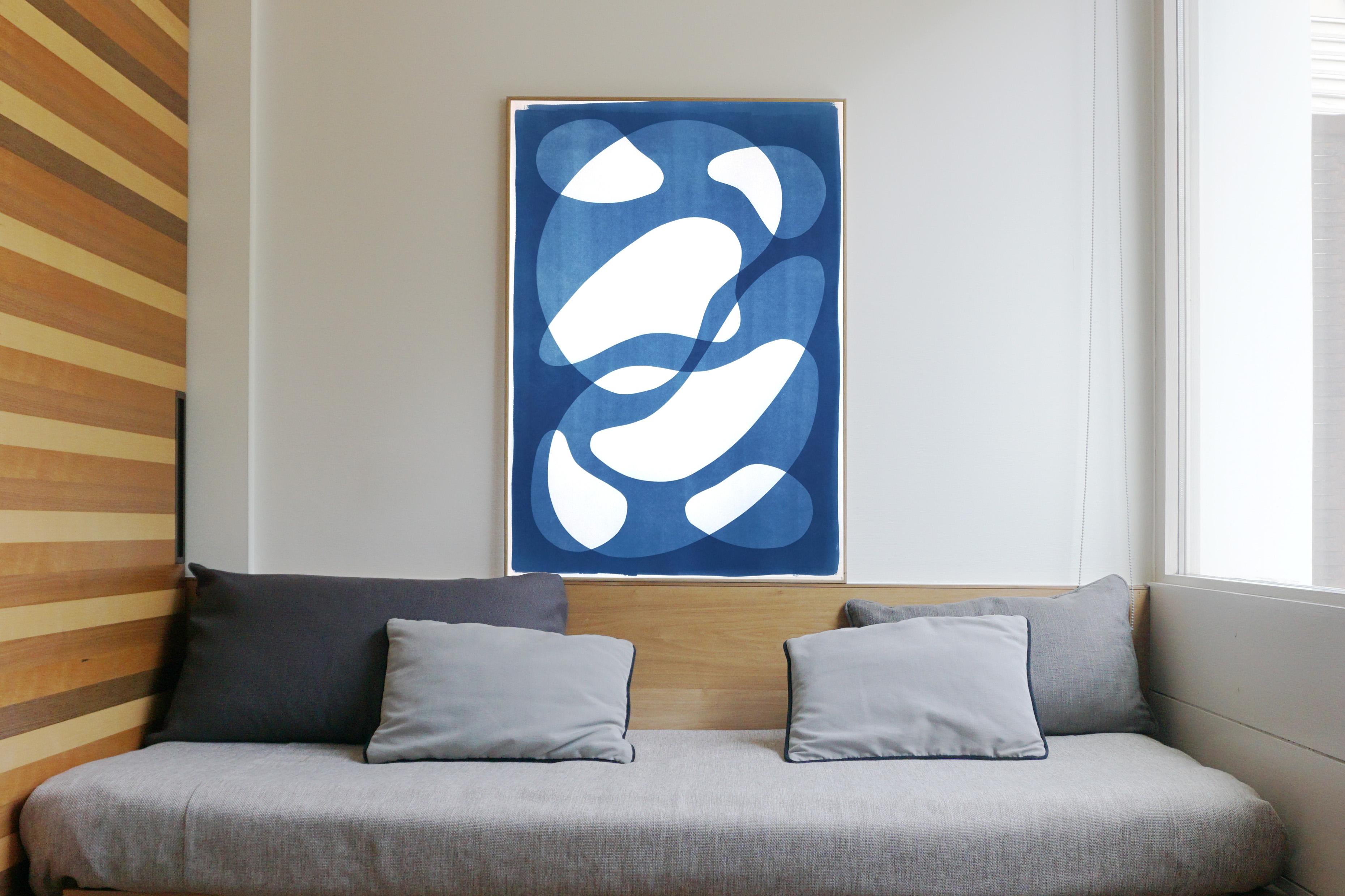 Abstracted Blue Face II, Mid-Century Shapes Figures on Paper, Handmade Monotype - Minimalist Photograph by Kind of Cyan