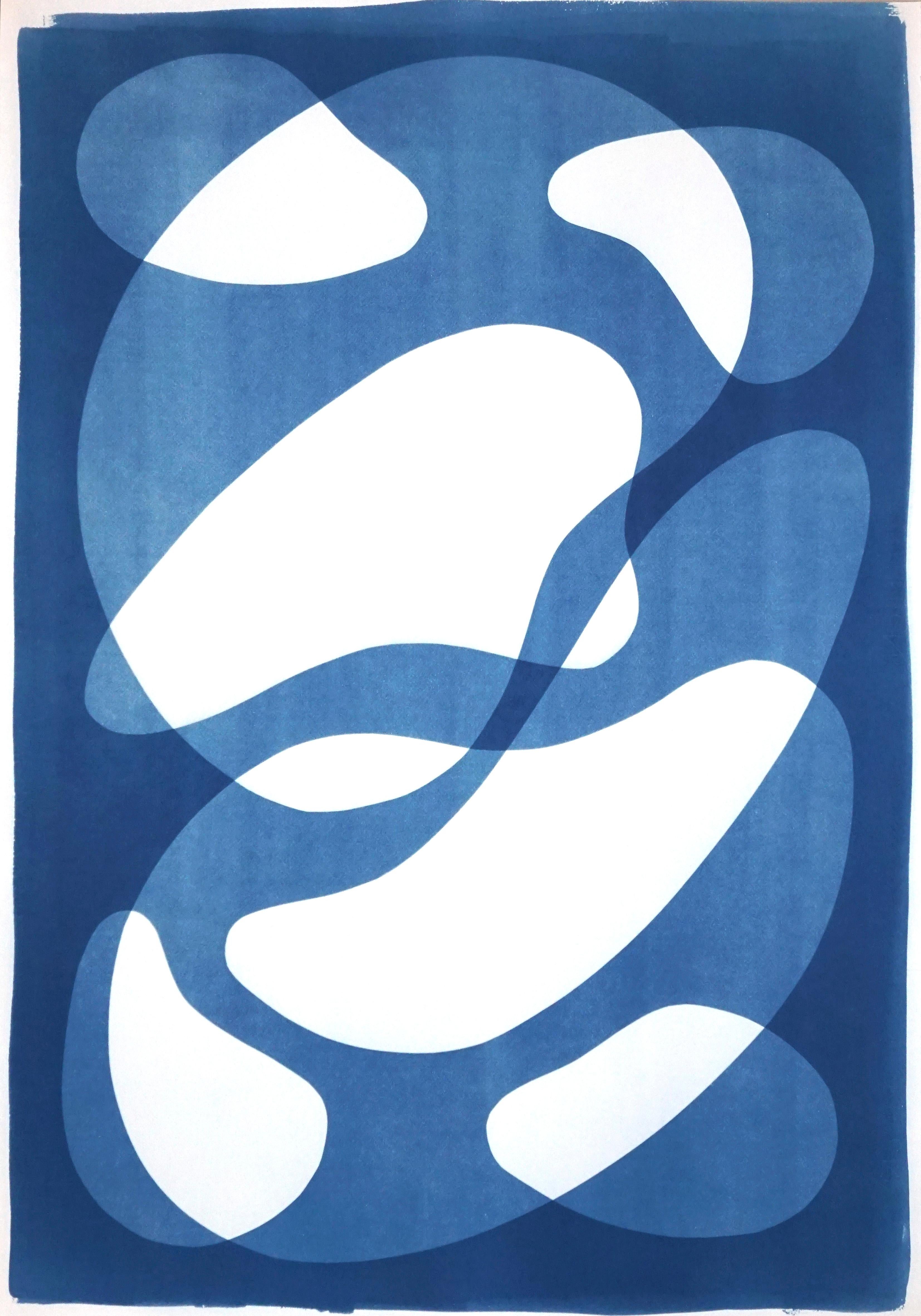 Kind of Cyan Abstract Photograph - Abstracted Blue Face II, Mid-Century Shapes Figures on Paper, Handmade Monotype
