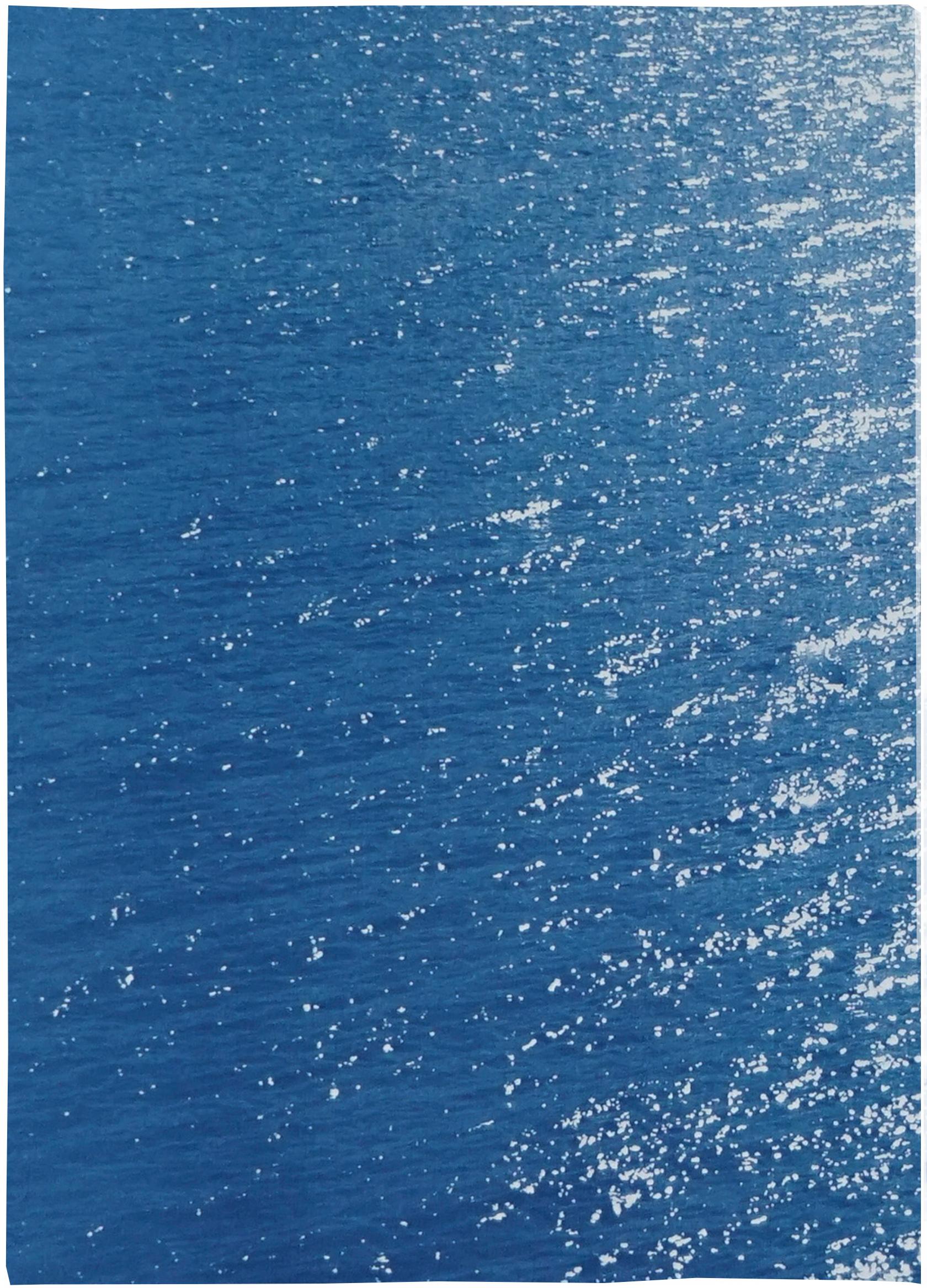 Amalfi Coast Seascape, Nautical Triptych Cyanotype on Paper, Sunrise Bay, Blue - Minimalist Photograph by Kind of Cyan