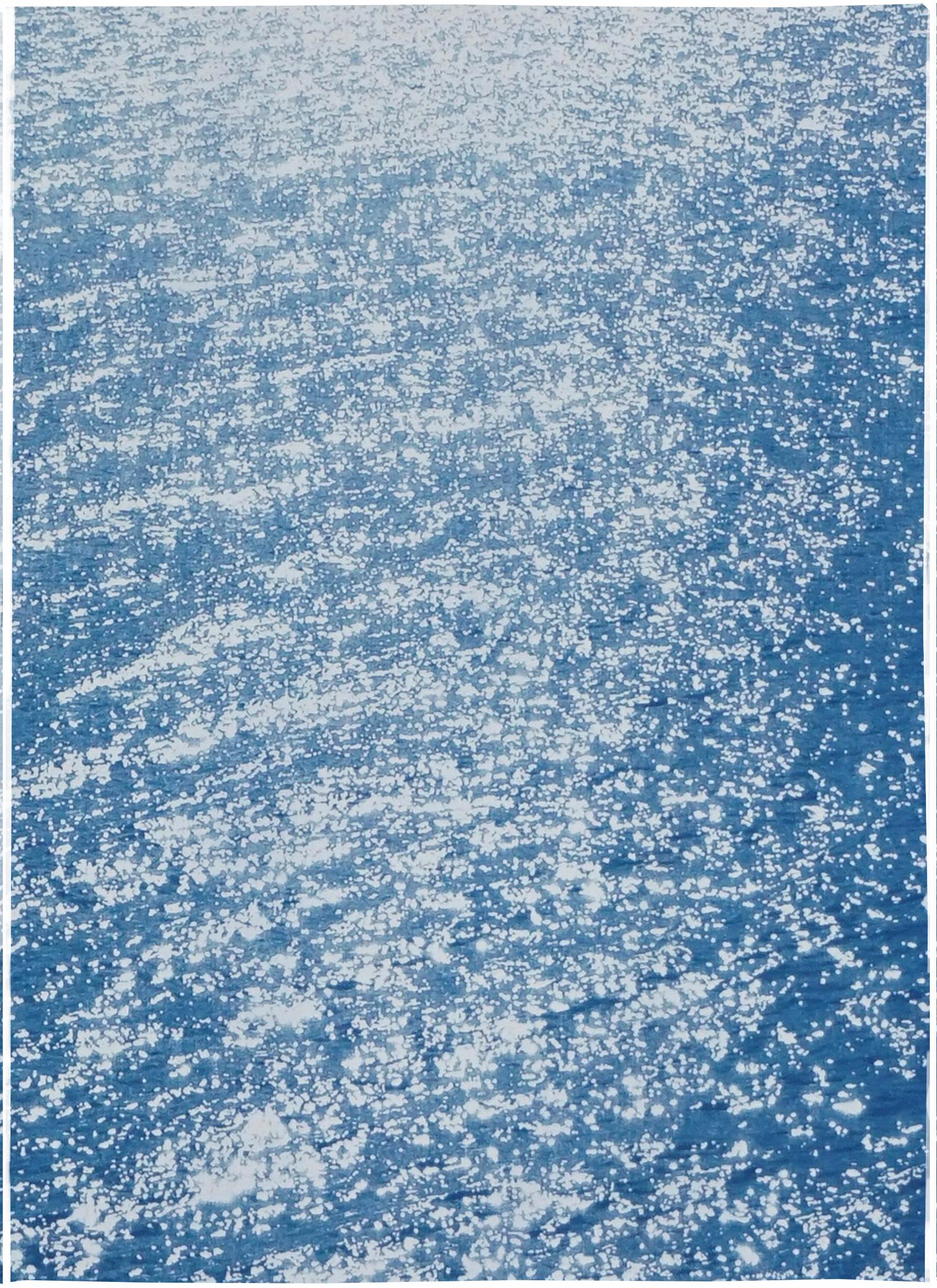 Paysage marin de la côte amalfitaine, Triptyque nautique cyanotype sur papier, baie de Sunrise, bleu en vente 1