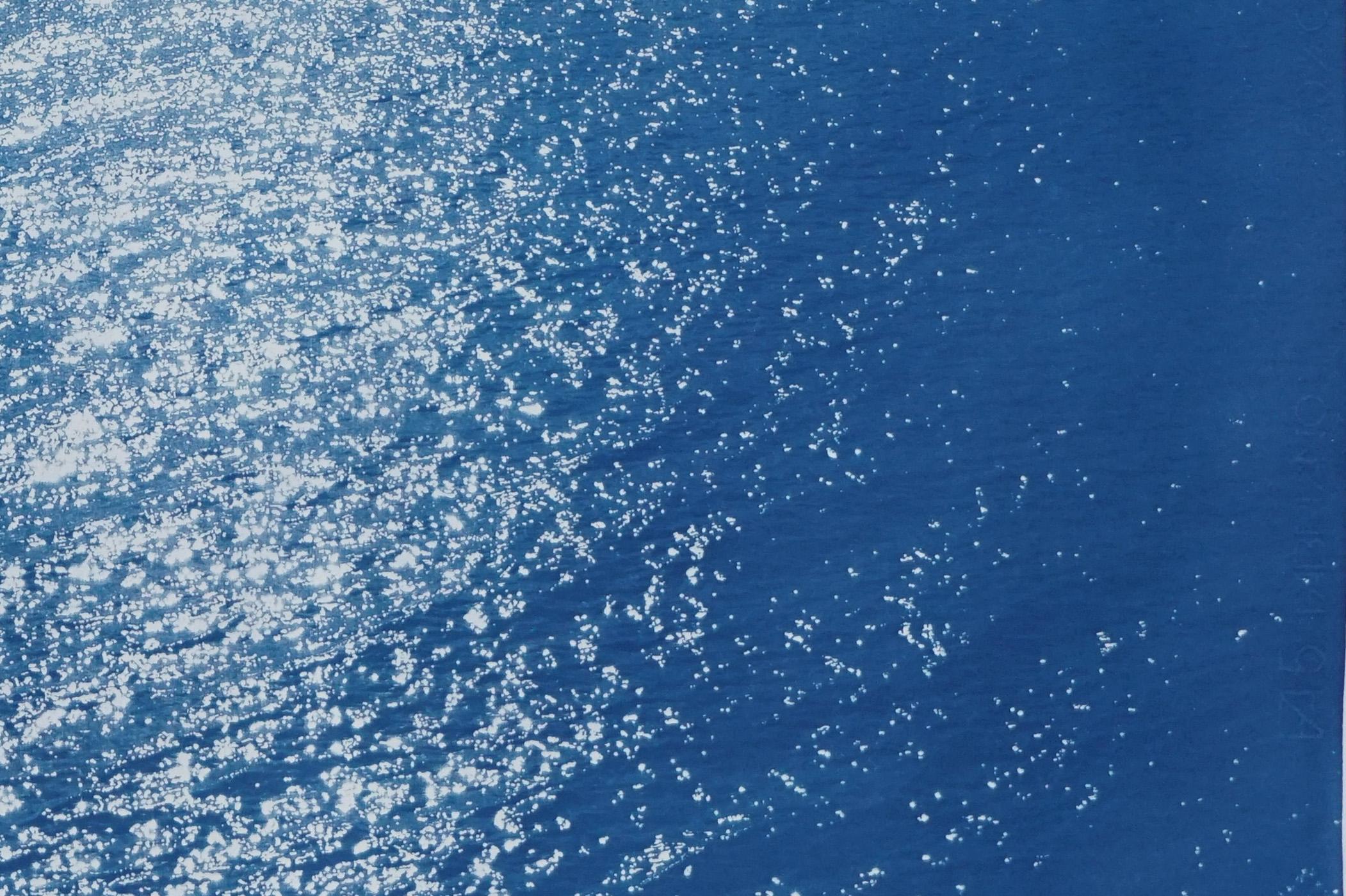 Paysage marin de la côte amalfitaine, Triptyque nautique cyanotype sur papier, baie de Sunrise, bleu en vente 5
