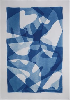 Arcs and Shadows I, Handmade Memphis Style Shapes Monotype in Classy Blue Tones