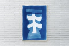 Asian Totem in White and Blue, Unique Monotype Cyanotype on Watercolor Paper
