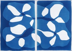 Cinturón de Asteroides I, Díptico Abstracto Azul y Blanco, Monotipo Cianotipia sobre Papel