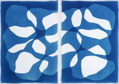 Cinturón de Asteroides II, Díptico Abstracto Azul y Blanco, Monotipo Cianotipia sobre Papel