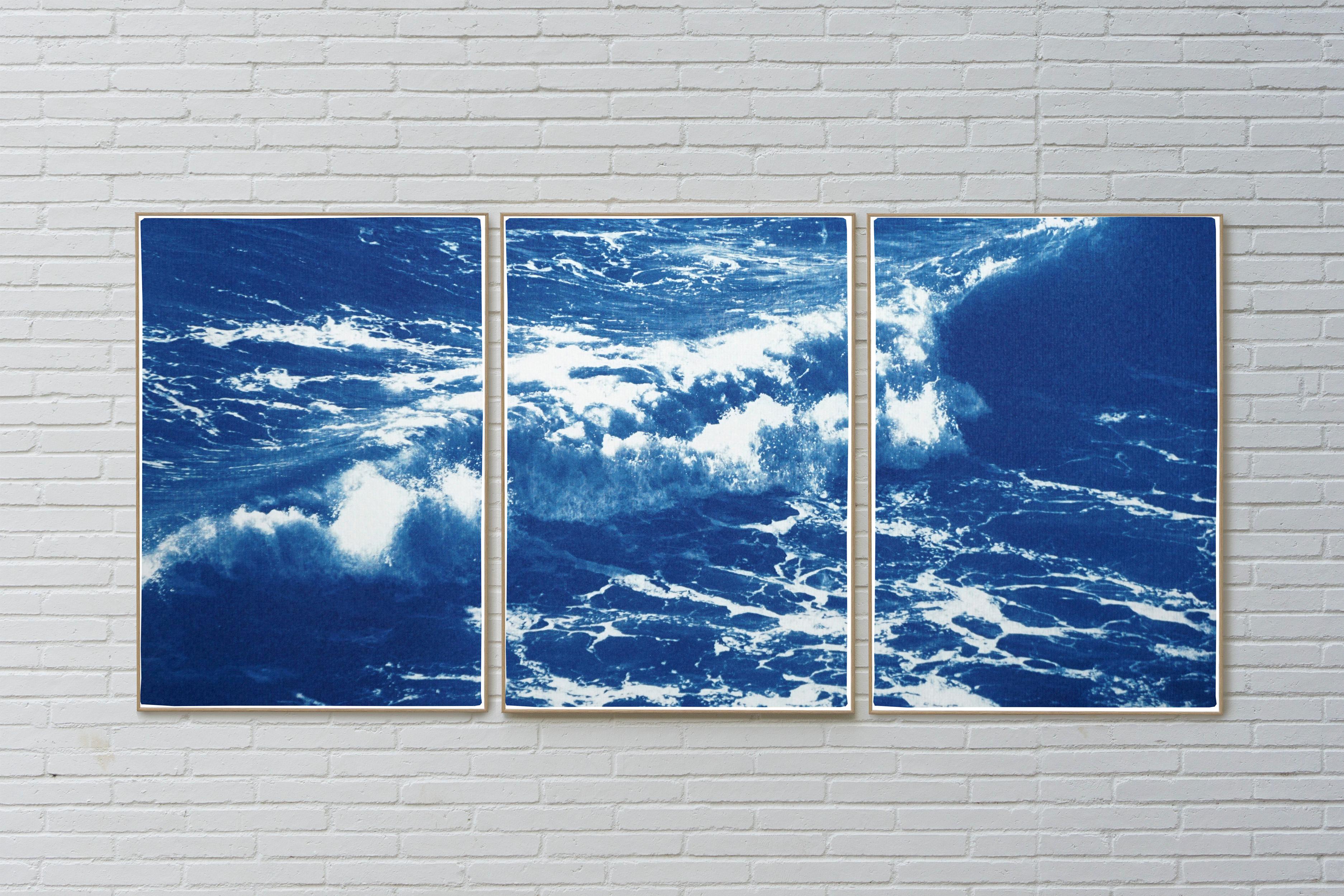 Australian Rolling Waves, Nautical Triptych of Vigorous Coast, Large Seascape - Abstract Expressionist Painting by Kind of Cyan