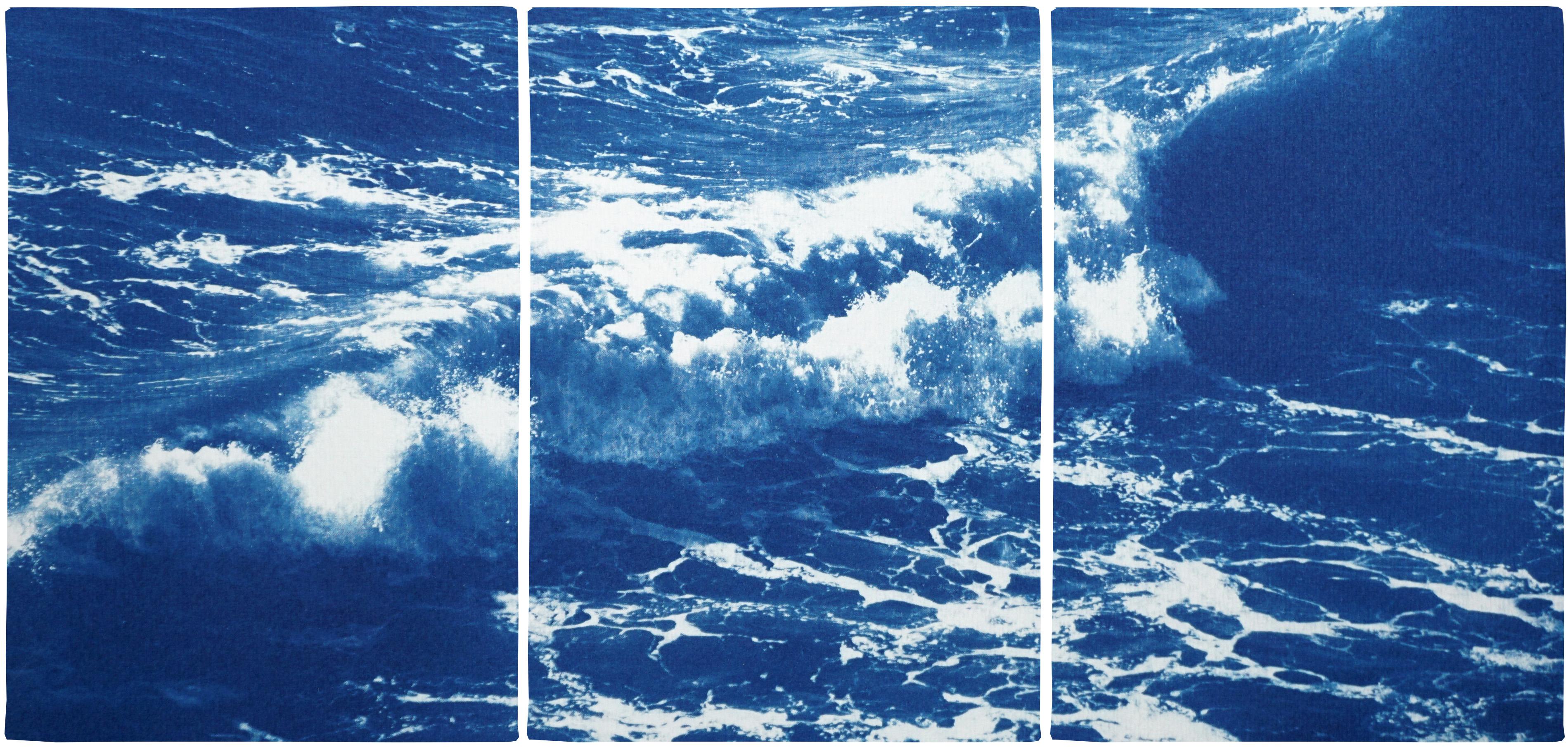 Kind of Cyan Landscape Painting - Australian Rolling Waves, Nautical Triptych of Vigorous Coast, Large Seascape