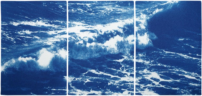 Kind of Cyan Abstract Print - Australian Rolling Waves, Nautical Triptych of Vigorous Coast, Large Seascape
