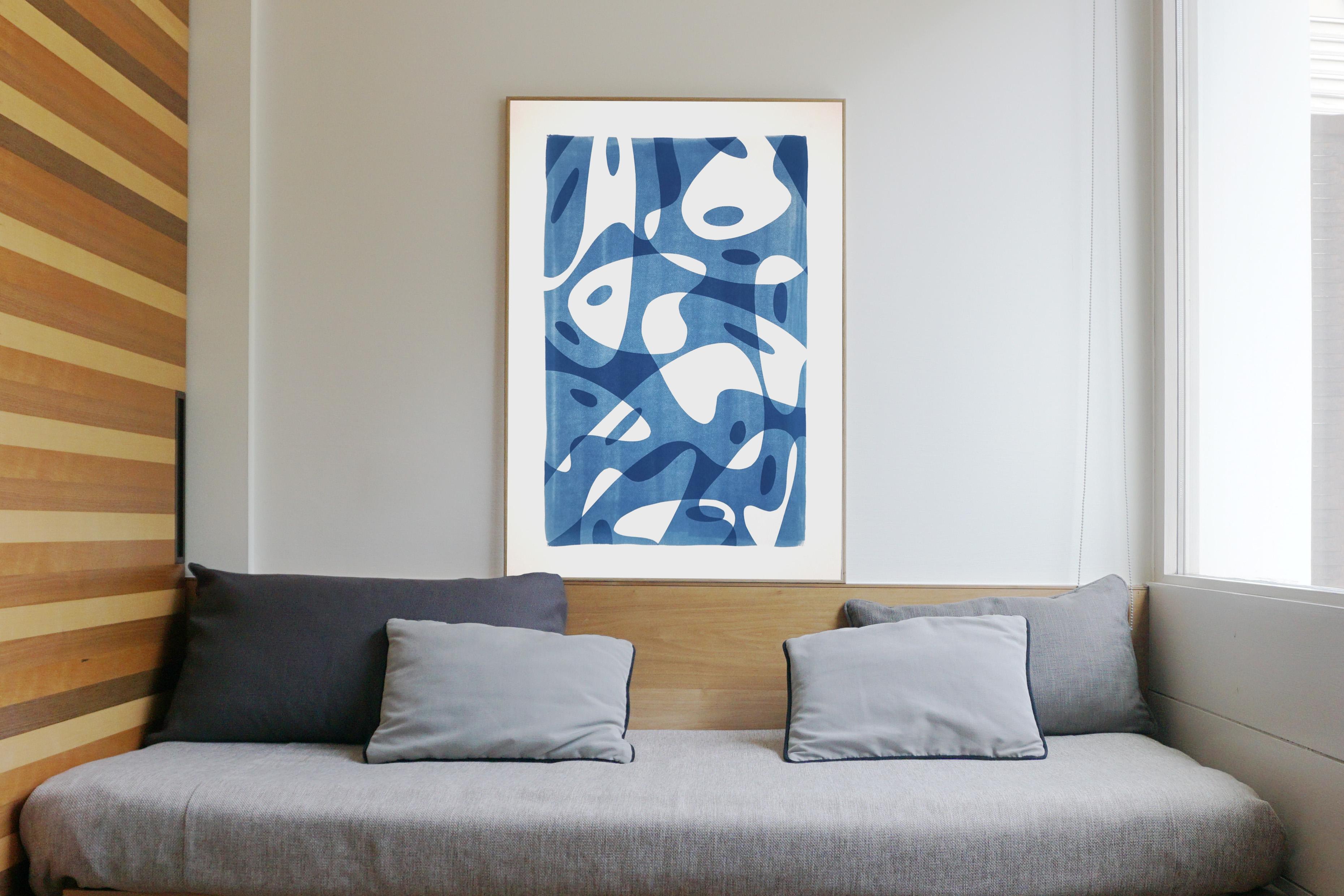 Avant Garde Painter Palette Shapes in Blue Tones, Handmade Monotype on Paper - Abstract Geometric Photograph by Kind of Cyan