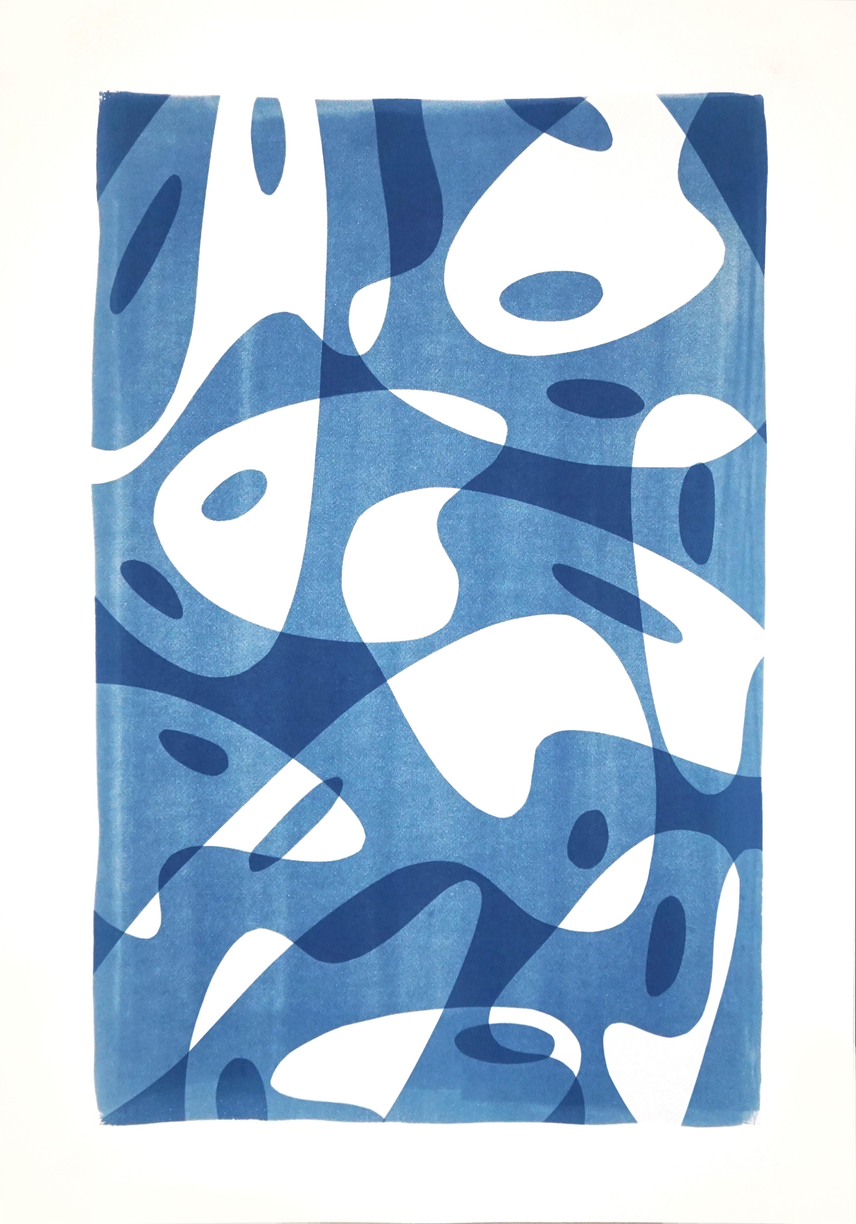 Avant Garde Painter Palette Shapes in Blue Tones, Handmade Monotype on Paper
