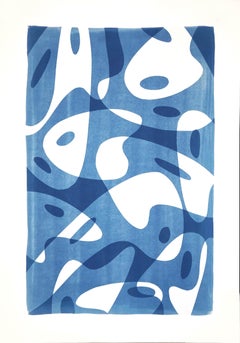 Avant Garde Painter Palette Shapes in Blue Tones, Handmade Monotype on Paper