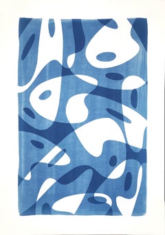 Pintor Avant Garde Paleta de formas en tonos azules, monotipo hecho a mano sobre papel