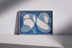 Back to Back Organic Mid-Century Floating Shapes, Blue Tones, Monotype Cyanotype