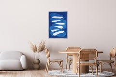 Balance Act, White and Blue Minimalist Forms, Rock Stacking, Unique Monotype