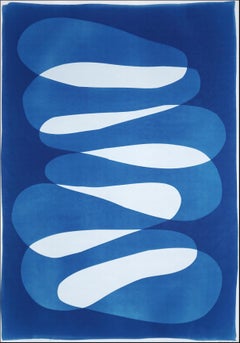 Balance Act, White and Blue Minimalist Forms, Rock Stacking, Unique Monotype