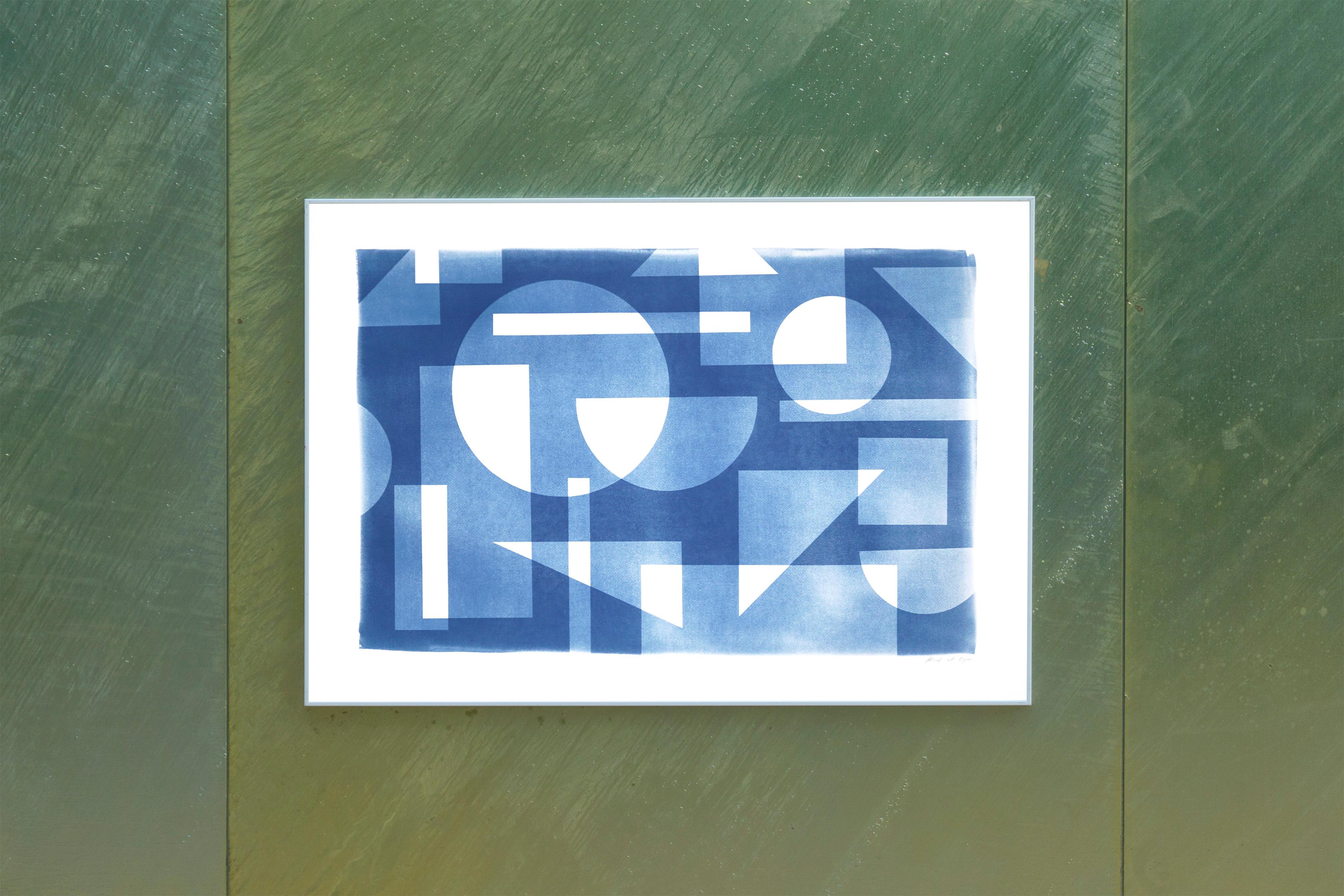 Bauhaus Style Cyanotype of Art Deco Thirties Pattern, Handmade Blue Geometry  For Sale 1