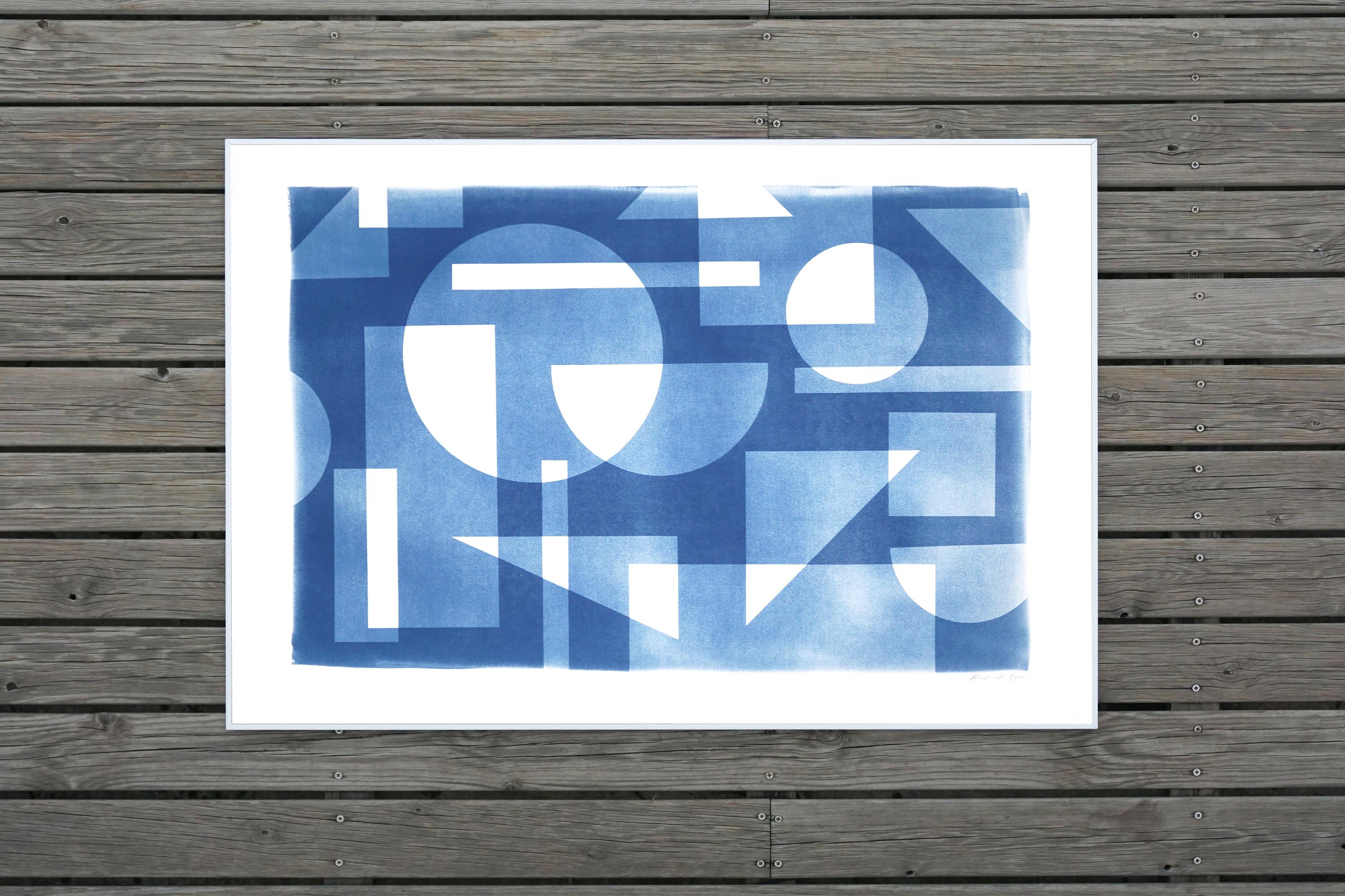 Bauhaus Style Cyanotype of Art Deco Thirties Pattern, Handmade Blue Geometry  For Sale 3