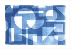 Cyanotypie des Bauhaus-Stils des Art déco, Dreiziger-Muster, handgefertigte blaue Geometrie 