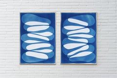 Better Together, Minimalist Diptych in Blue, Abstract Modern Shapes Cyanotype