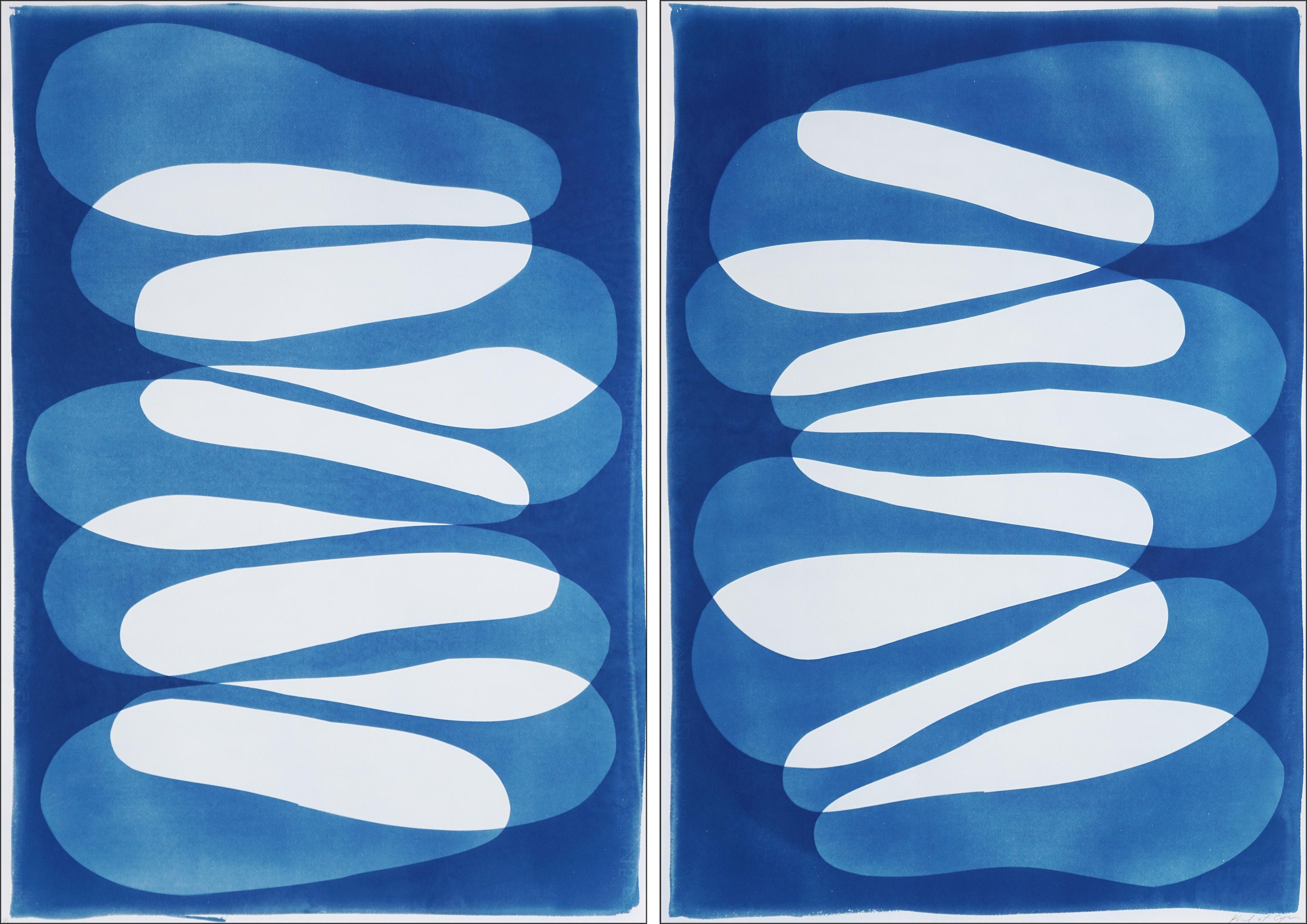 Better Together, Minimalist Diptych in Blue, Abstract Modern Shapes Cyanotype